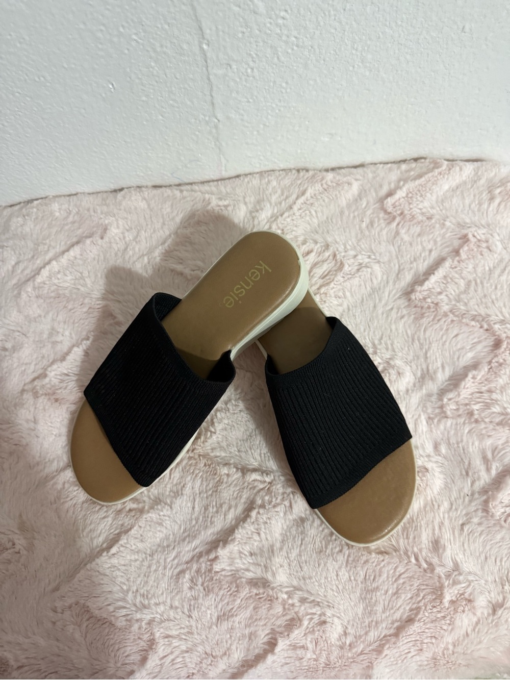 Kensie Black Knit Slide Mules with Tan Footbed